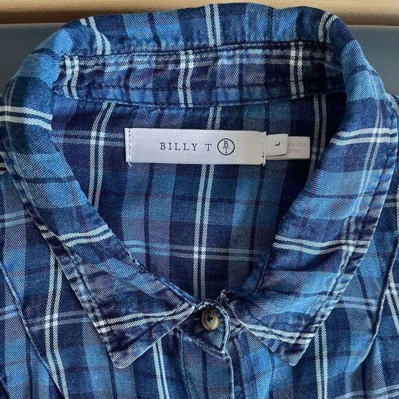 💠 Billy T Izzy Pleat Shirt Blue Scotch Plaid Size L - Picture 7 of 11